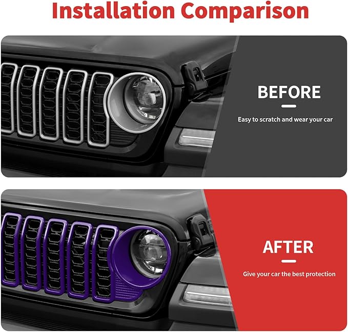 Front Grille Grill Insert+Headlight Turn Light Cover Trim Compatible with 2024-2025+ Jeep Wrangler JL JLU & Gladiator JT Exterior Accessories,Not Fit for JL Sport & Sports (Purple)