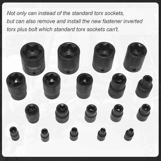 Torx Plus Socket Set, External Torx Plus 6 Point EP Socket EP4 - EP32 19Pcs With 1/2'' 3/8'' 1/4'' Dr, Replacement for E-TORX Socket Set, Works with Most Cars and Tesla
