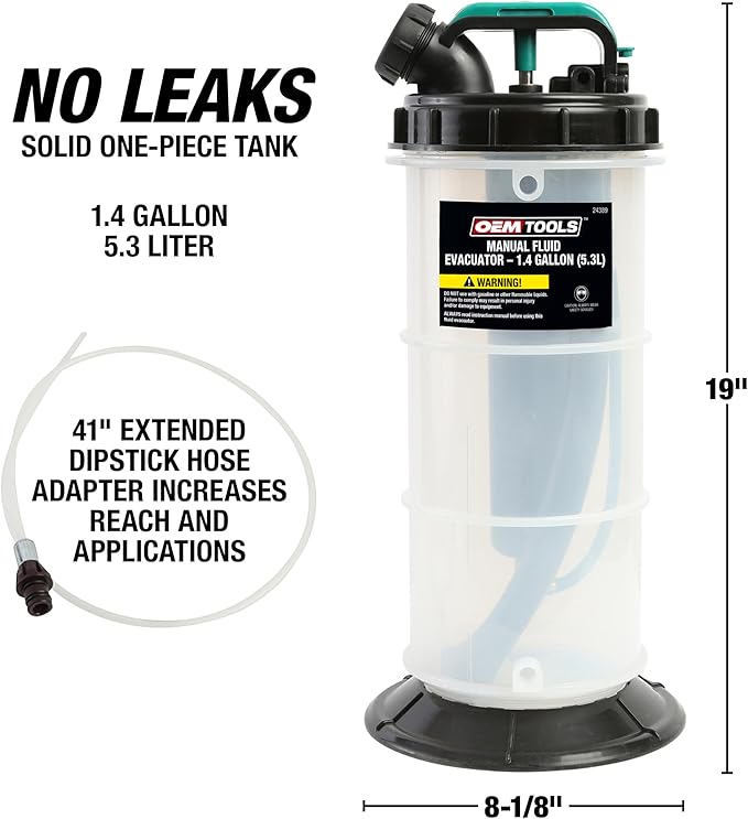 OEMTOOLS 24389 Manual Fluid Extractor Pump, 1.4 Gallon (5.3L) Oil Extractor Pump Capacity, Use for Oil, Coolant, and Transmission Fluid, 2 Dipstick Adapters, 5ft Hose