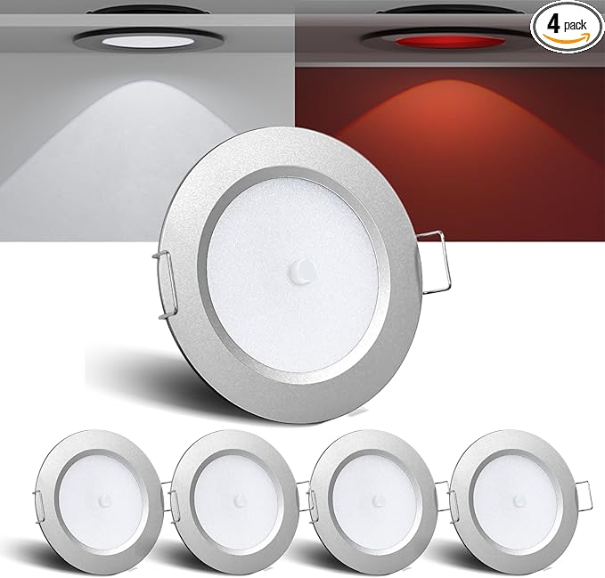 3" LED 12V Push Lights w/Built-in Switch Interior Bi-Color 12 Volt Red LED Puck Light Full Aluminum RV Dimmable Flush Mount Light for Camper, Boat, Trailer 4Pcs (Silver, Cool White)