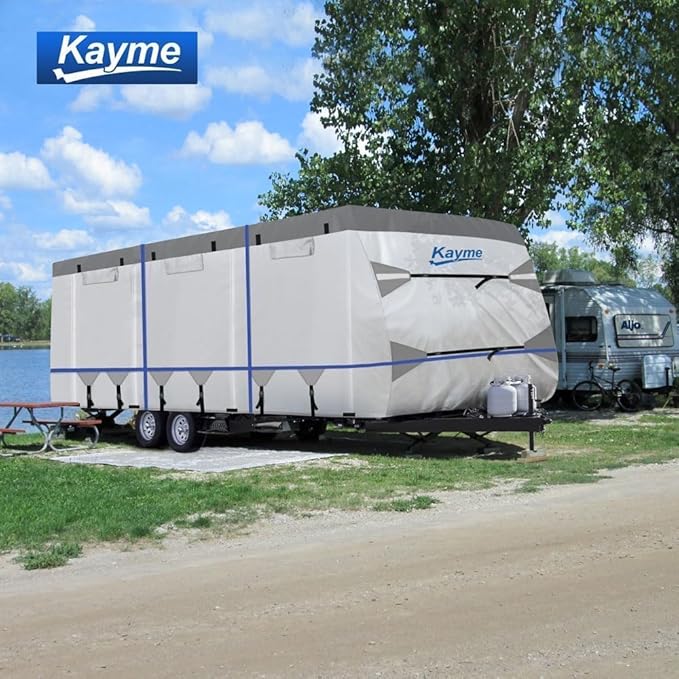 Kayme RV Cover for 20-22ft Travel Trailers, 300D Oxford Heavy Duty Waterproof Camper Cover with Zipper Door.Windproof, UV Protection, Snowproof.Includes 4 Tire Covers, Jack Cover & Wind Straps
