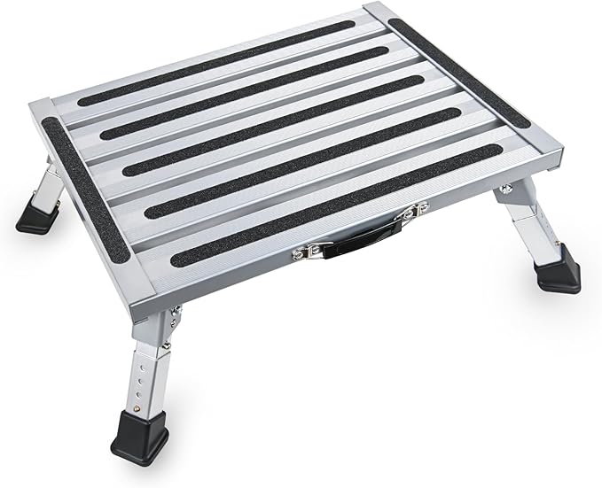 Nilight RV Step Stool Aluminum Folding Platform Steps 19x14.5 RV Steps 4 Levels Adjustable Step Stool with Anti-Slip Surface Rubber Feet Handle Supports Up to 500lbs for Camper Travel Trailer, Silver