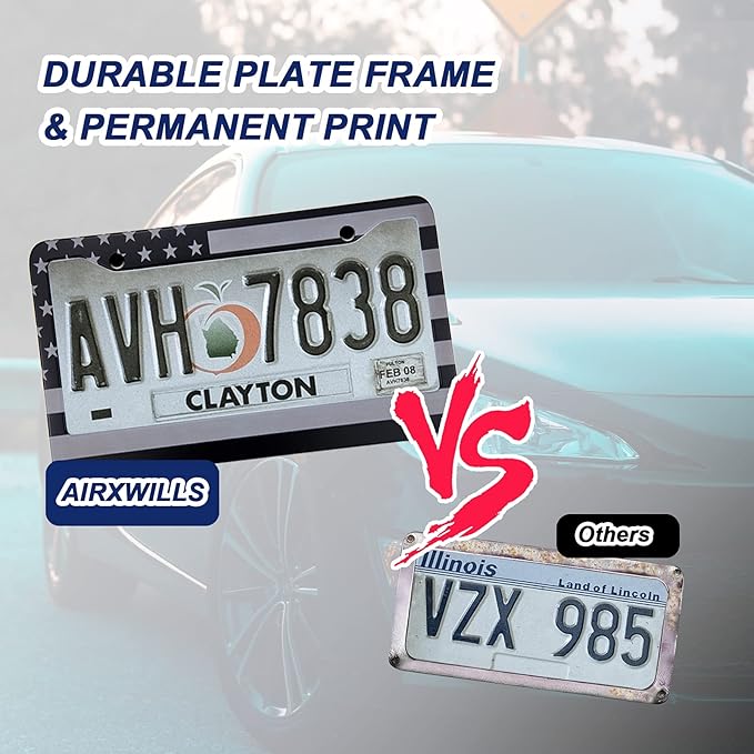 American Flag License Plate Frame - Airxwills Black Frame, 2 Packs Universal Aluminum for Front and Rear Car Tags.