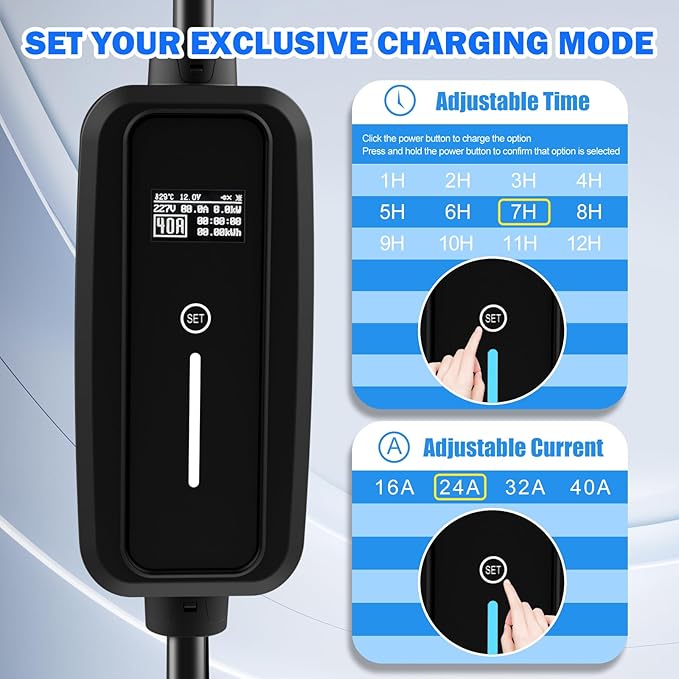 SubSun Adjustable Current, Portable Electric Vehicle Charger with NEMA Plug, Adjustable Current/Delay Charging for SEA J1772 EVs (40A 220V EV Charger, 40A-Level 2(for J1772 EVs)