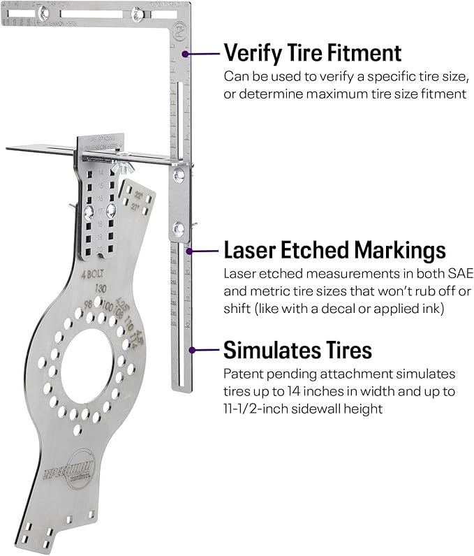 Speedway Motors WheelWise™ 4-Lug Wheel Fitment Tool with Tire Size Attachment, Simulates 14-22 Inch Rim Diameter, 8-14 Inch Tire Width, 2.5-11.5 Inch Sidewall, Laser Cut Steel