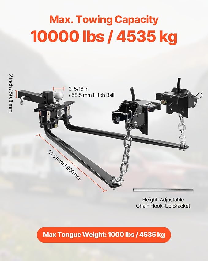 VEVOR Weight Distribution Hitch, 10000 lbs Max Towing & 1000 lbs Max Tongue, Weight Distributing Hitches Kit Includes 2 in Shank and 2-5/16 in Ball, Load Leveling Hitch for Trailers, Black