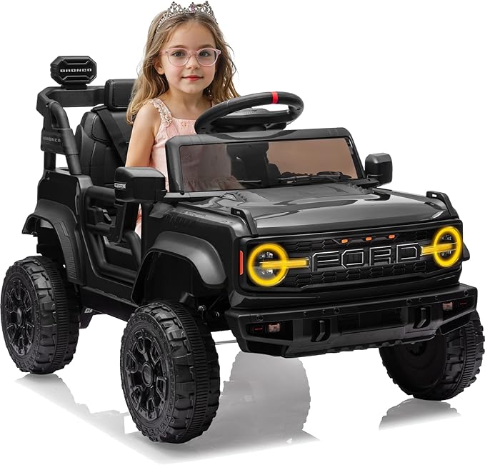 12V Ride on Toy for Kids, Ford Bronco Raptor Kids Electric Car with Parent Remote Control, Battery Powered Truck Car with 4-Wheel Suspension, LED Light, Bluetooth, 3 Speeds (12V, Black)