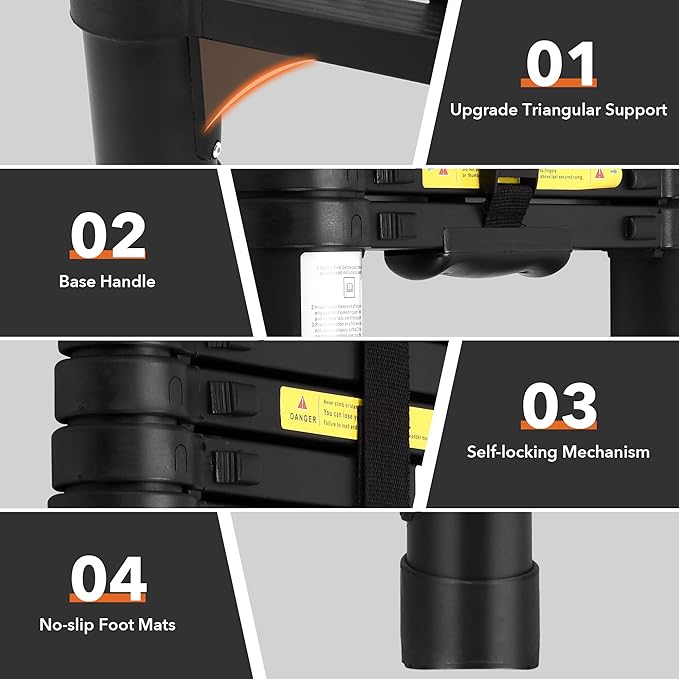 15.5FT Telescoping Ladder, Aluminum Extension Ladder w/Triangle Stabilizers and Non-Slip Feet, 330lbs Capacity Retractable Ladder for Home and Outdoor, Compact and Lightweight Black