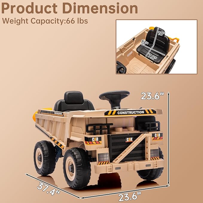 12V Ride On Construction Truck, Battery Powered Ride On Car with Remote Control, Kids Electric Vehicle with Shovel, Speaker, Khaki
