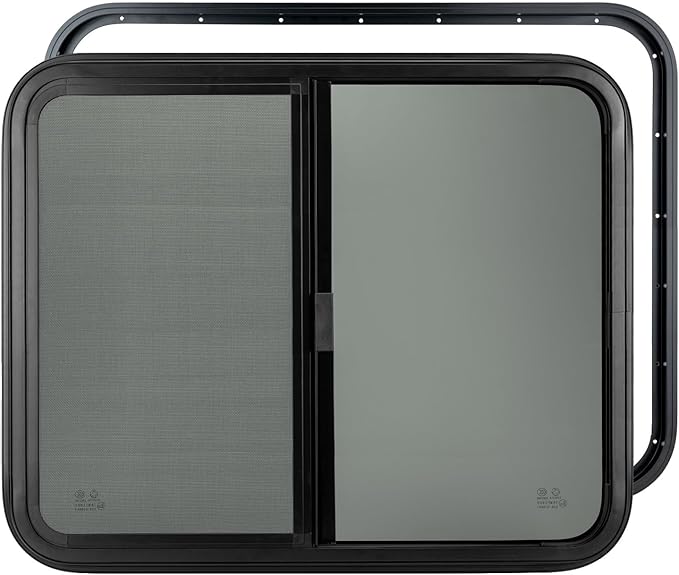 Dulepax Horizontal RV Window, 24" W x 20" H Tinted Slide Trailer Window, Tempered Glass Camper Window Replacement with Net Screen and Trim Ring, DOT Approved