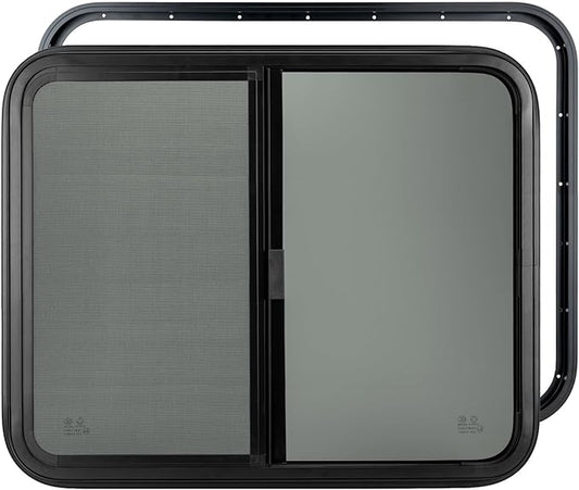 Dulepax Horizontal RV Window, 24" W x 20" H Tinted Slide Trailer Window, Tempered Glass Camper Window Replacement with Net Screen and Trim Ring, DOT Approved