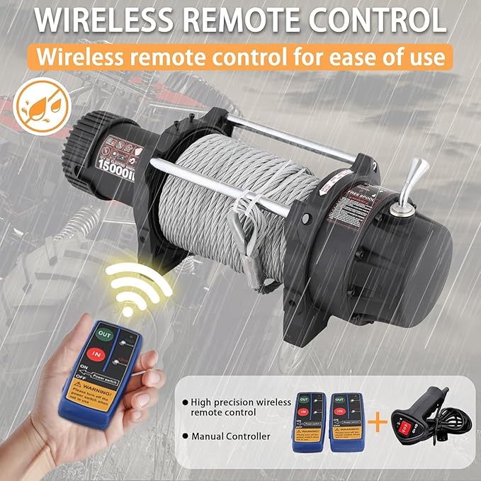 12V 15000LBS Electric Winch Steel Rope Electric Winch for Towing ATV/UTV Off Road with Mounting Bracket Wireless Remote,Black