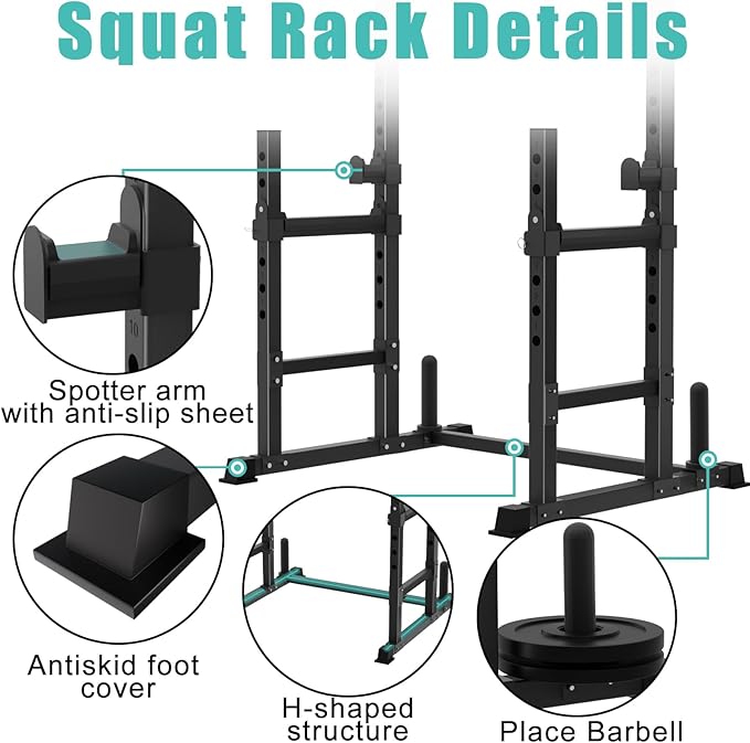 VivZen Adjustable Squat Rack & Bench Press Stand – Multi-Functional Home Gym Power Rack for Barbell, Dumbbell, and Push-Up Workouts–Heavy-Duty Steel Construction (34" to 57" Height, 600 lbs Capacity)