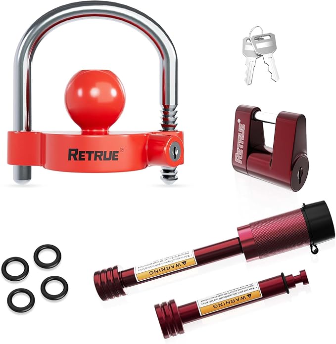 RETRUE Keyed Alike Trailer Lock Set Tow & Store Lock Kit Include Universal Coupler Lock & Dual Hitch Receiver Pin Lock & Trailer Tongue Lock, Red