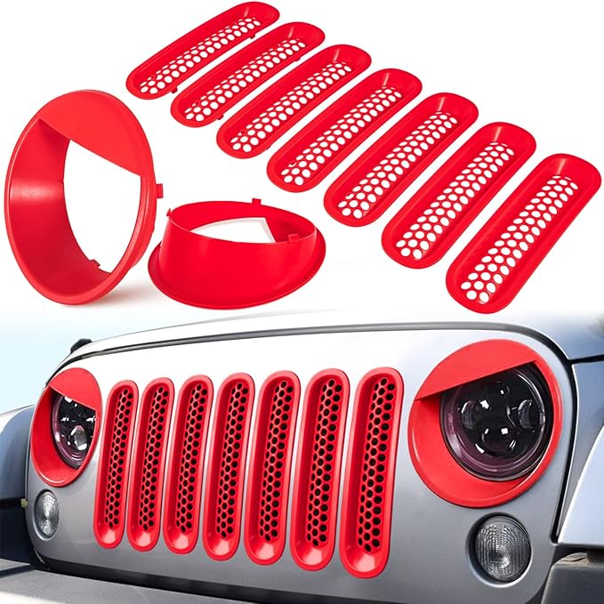 Front Grille Mesh Inserts & Headlight Cover for Jeep Wrangler JK JKU Sport Freedom Rubicon Sahara Unlimited 2007-2018 Exterior Accessories Clip-in Grille Guard Headlight Bezels Trim (Matte Red)