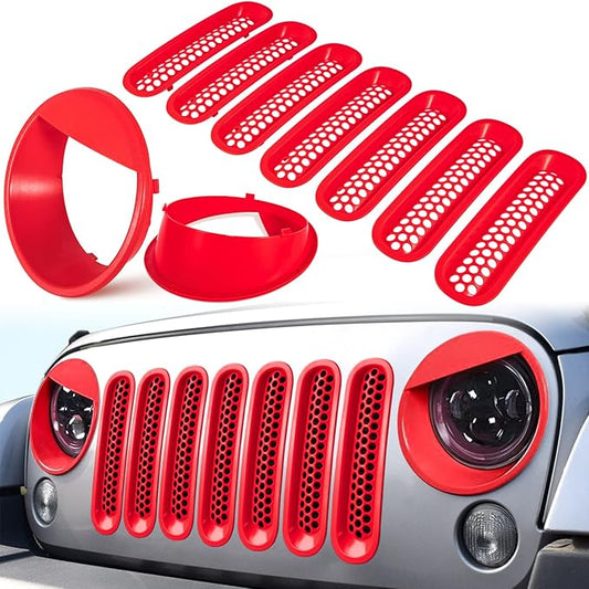 Front Grille Mesh Inserts & Headlight Cover for Jeep Wrangler JK JKU Sport Freedom Rubicon Sahara Unlimited 2007-2018 Exterior Accessories Clip-in Grille Guard Headlight Bezels Trim (Matte Red)