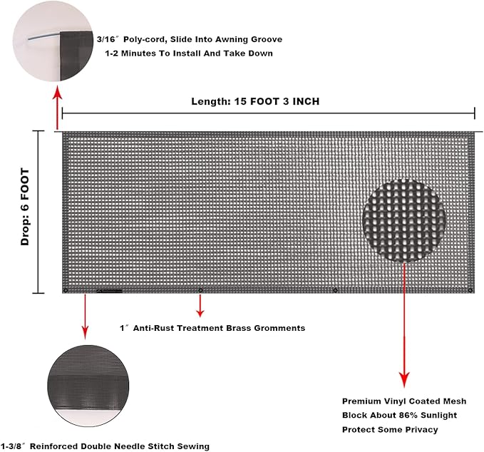 Tentproinc RV Awning Sun Shade Screen 6' X 15' 3'' (Fit for 16' Awning) Mesh Sunshade for RV Awning shadescreen Block UV Glare Motorhome Camping Trailer Awning Sunscreen - 3 Year Warranty (Brown)