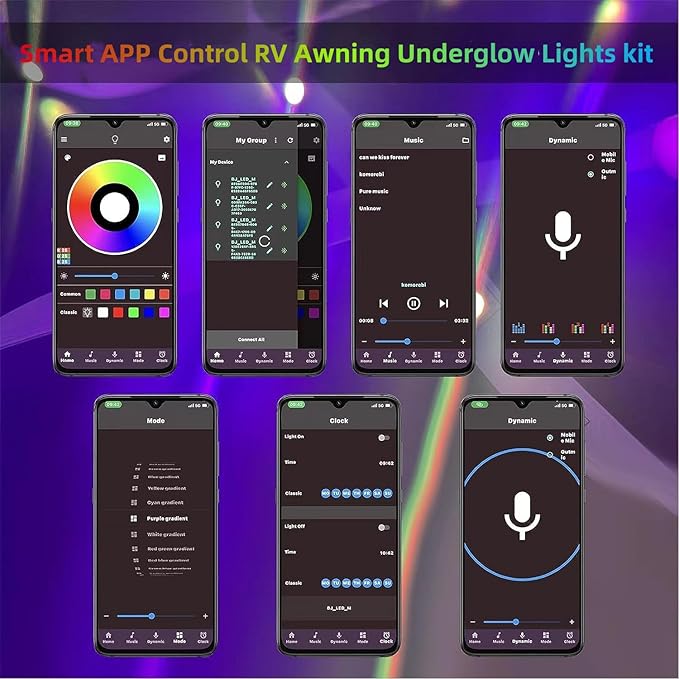 65.6FT RV Awning Lights Strip, 12V Multi-Color RV Underglow Led Lights, Camper Underbody Accent Lighting with APP RF Control for Motorhome Travel Trailer Concession Stands Food Trucks