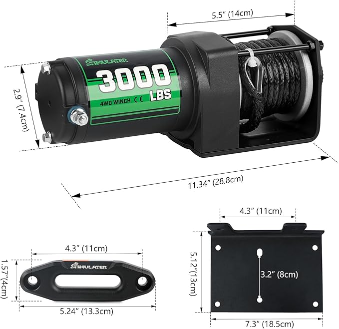 STIMULATER 3000lb ATV Winch with Synthetic Rope,Electric Winch 12V, with Wireless Remote Control and Manual Switch, with Hawse Fairlead,IP67 Waterproof,Suitable for Most Trailer, Boat and ATV Winch