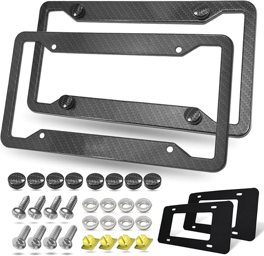 BGGTMO Carbon Fiber License Plate Frames- 2 Pack Black Aluminum Printed Carbon Patterns Car Tag Cover for Front & Rear, 4 Hole Heavy Duty Universal Holder Mount Screws with Caps