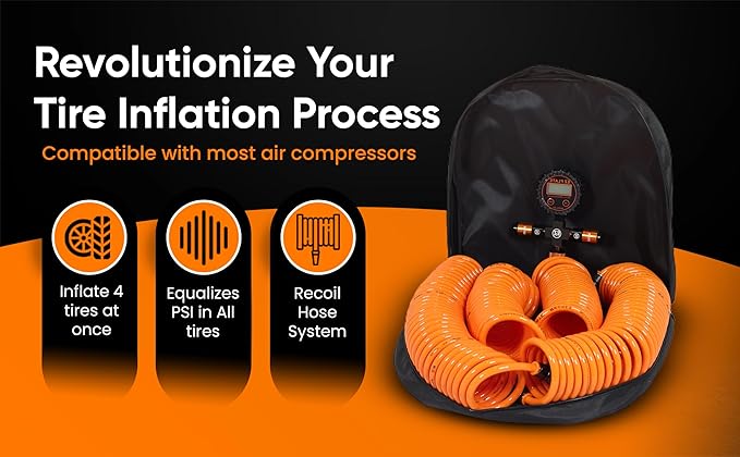 EZ FLATE 4 Tire Hose System | Heavy Duty | Truck or Car Tires | UTV Side By Side Tires | Fast Inflation | 4 Tires at Once | Auto Equalize | Quick Connest Air Chucks (Recoil Hose System)