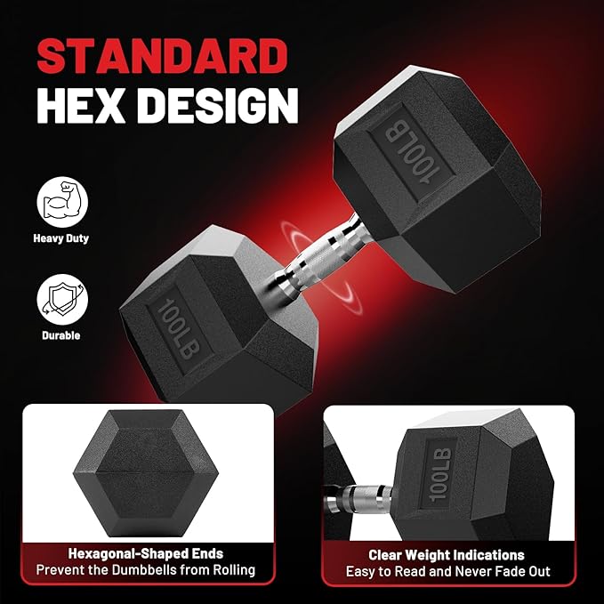 PAPABABE HEX Dumbbell Set 2.5-125lb, Rubber Encased Home Gym Dumbbells, Exercise & Fitness Weights Dumbbells for Women & Men, Hand Weight for Strength Training