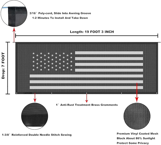 Tentproinc RV Awning Sun Shade Screen 7' X 19' 3'' (American Flag) Black Mesh Sunshade Camper Trailer Awning Shade Screen UV Blocker Completed Kits