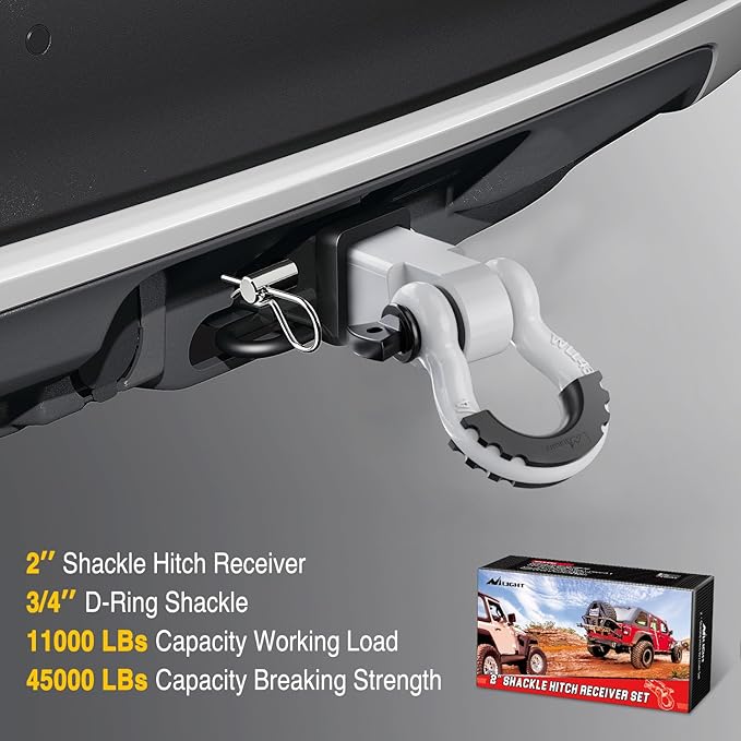 Nilight Shackle Hitch Receiver 2Inch 45000 LBs Breaking Strength 3/4" D Ring Pin Heavy Duty Solid Recovery Towing Kit for Trucks Jeeps Off-Road