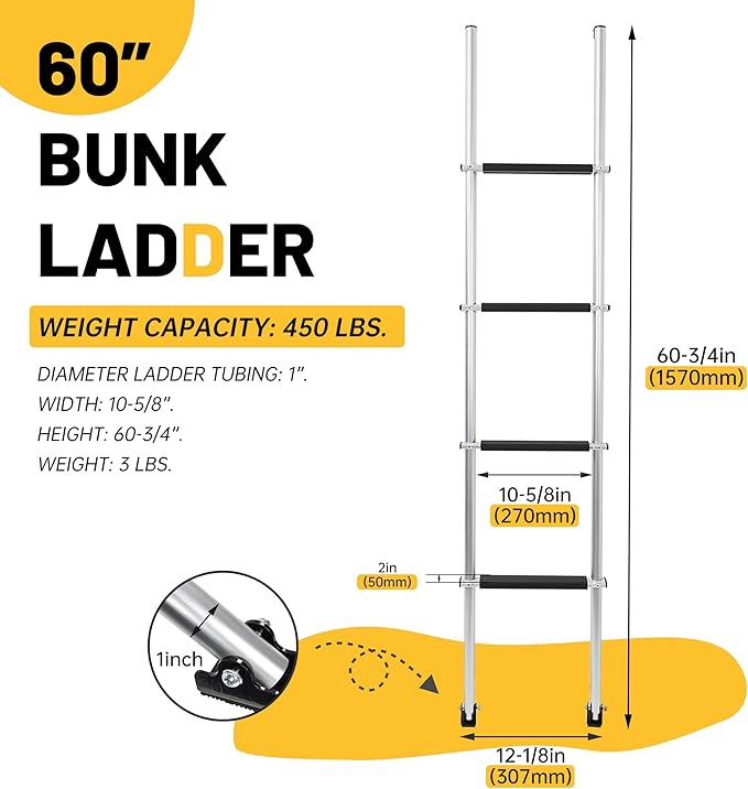 KUAFU 60'' Bunk Bed Ladder with RV W/Hook and Rubber Foot Pads Aluminum RV Camper Bunk Ladder with Non-Skid Steps for Safe Climbing 450LBS