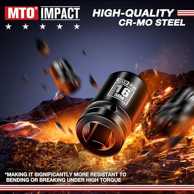 MTO 1/2" Drive 16mm Shallow Impact Socket, 6-Point Metric Socket, CR-MO Steel & Anti-Corrosion Coating for Tight Spaces and Heavy-Duty Tasks