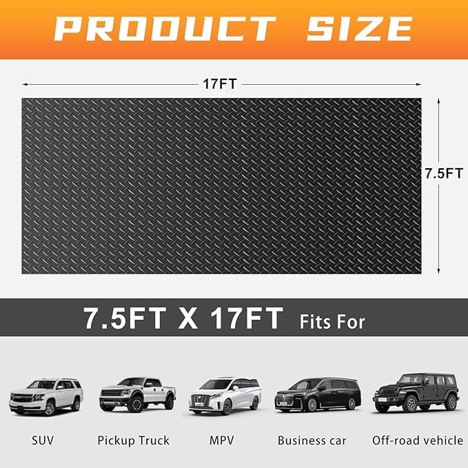 Boshen 7.5x17FT Garage Floor Mat, 2.5mm Thickened Diamond Plate PVC Rubber & Vinyl Flooring Roll, 127.5 SQFT Non-Slip Rubber Garage Mat for Floor Under Car Protection - Black