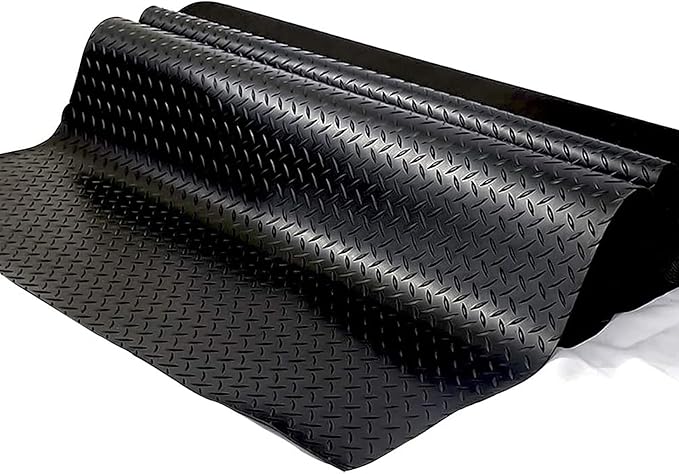 Boshen 5x12FT Garage Floor Mat, 2.5mm Thickened Diamond Plate PVC Rubber & Vinyl Flooring Roll, 60 SQFT Non-Slip Rubber Garage Mat for Floor Under Car Protection - Black