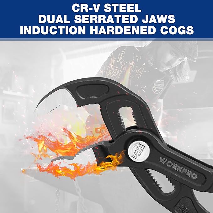 WORKPRO 7" & 10" Groove Joint Pliers Set, V-Jaw Quick Adjustable Pliers, CR-V Steel, Upgraded Wide Opening, Dual Serrated, Water Pump Plier for Home & Industrial Repair, Soft Grip