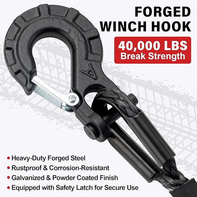 Synthetic Winch Rope Kit - 9/16" x 76' 35000 lbs Synthetic Winch Cable for ATV UTV Off-Road Vehicles with Forged Hook, Protective Sleeve and Safety Pull Strap - Black