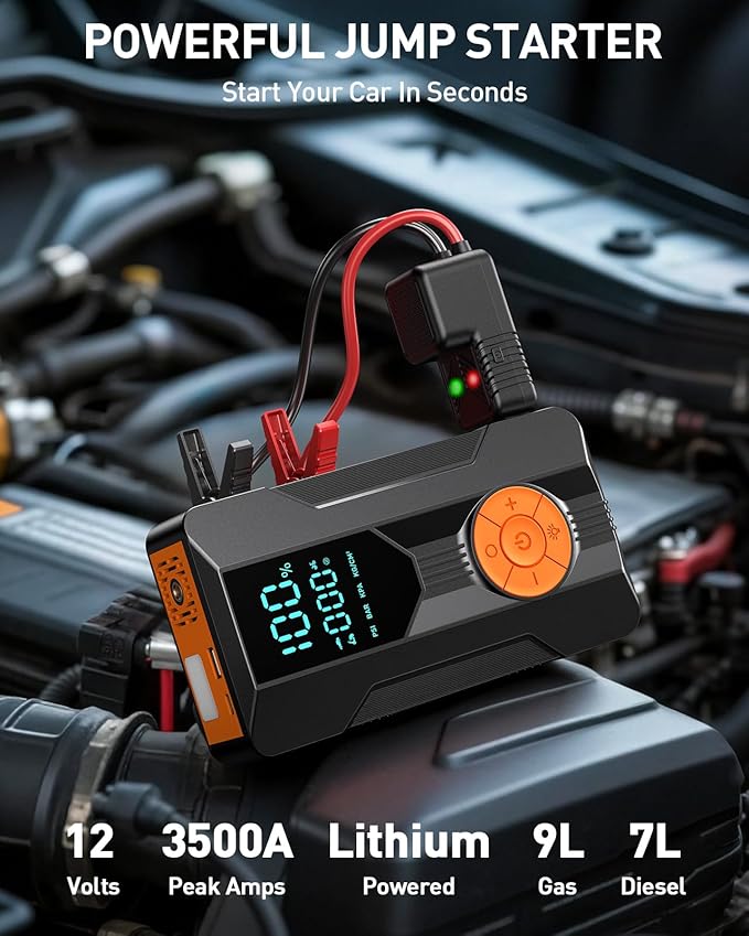 Jump Starter with Air Compressor, Car Battery Jump Starter (8.0 Gas/7.0L Diesel), Battery Jumper Starter Portable Jump Box, 12V Portable Car Jump Starter with Tire Inflator, LED Light