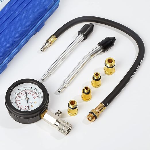 8PCS Compression Tester Kit Professional Petrol Gas Engine Cylinder Pressure Gauge 0-300 PSI Automotive Tool for Motorcycle Car Truck (Blue)