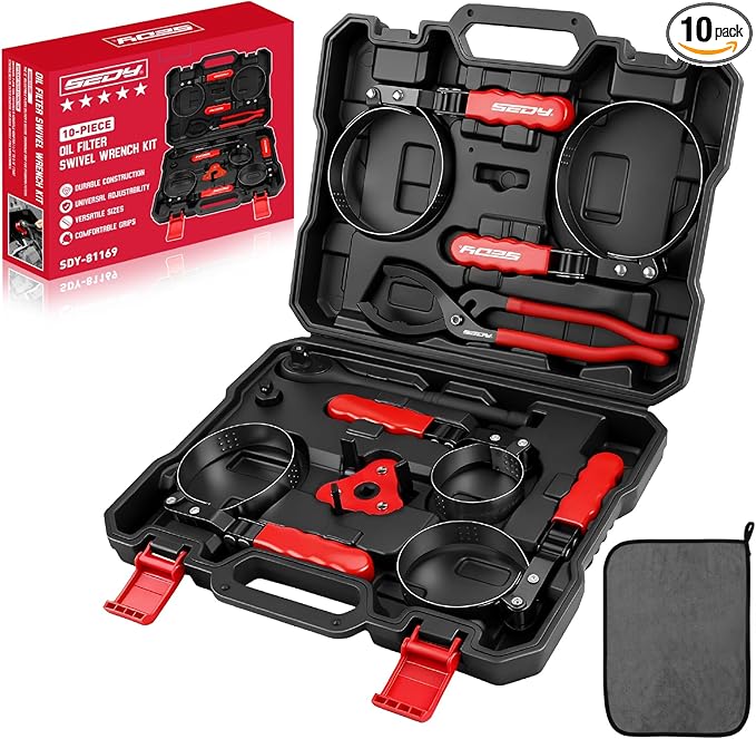 10-Piece Oil Filter Wrench Set 2-3/8"to 4-3/4", 12-Inch Adjustable Oil Filter Plier, Universal 3-Jaw Oil Filter Wrench, 1/2"Quick Release Ratchet Handle, 1/2"-3/8" Adapter, Towel in Storage Case