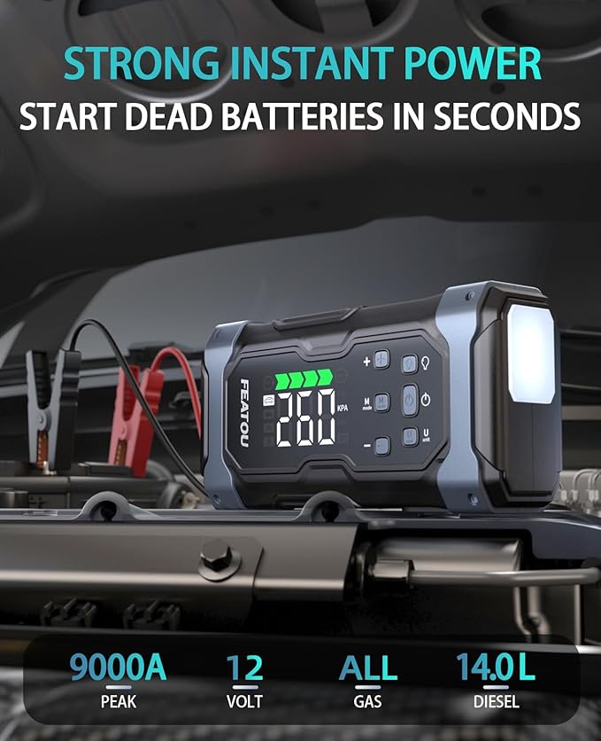 High-Power 9000A Jump Starter with Air Compressor, 12V Car Battery Jump Starter, Portable Jump Box for Car(All Gas/14L Diesel) with Tire Inflator, 30W Fast Charge, Forced Boost, Smart Battery Jumper