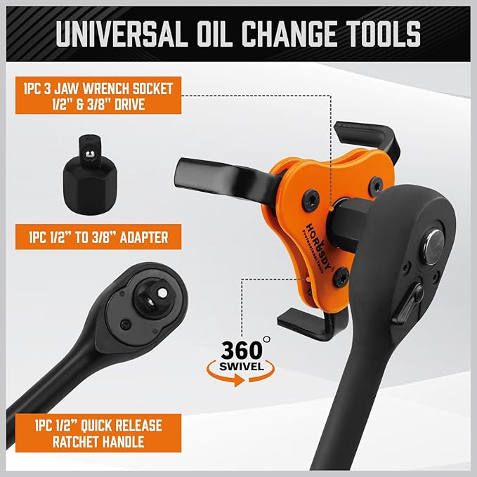 HORUSDY 11-Piece Oil Filter Wrench Set with Storage Case - Swivel Wrenches Fit 2-3/4" to 5-1/4", Adjustable Filter Pliers (9" & 12"), Valve Lapper Set, 3-Jaw Socket, Ratchet Handle for Garage, Repair