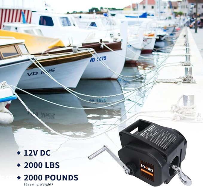 Portable Trailer Winch, Reversible Electric Winch 12V DC, Power-in, Power-out and Freewheel Operations for Boats 2000 lbs with Wireless Remote Control and Hand Crank