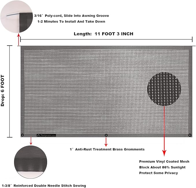 Tentproinc RV Awning Sunshade Screen 6' X 11' 3''(fit for 12' Awning)- Mesh Sun Shade for Motorhome Camping Trailer Awning Sunscreen UV Sunblocker Shadescreen - 3 Year Warranty (Brown)