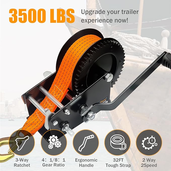 Boat Trailer Winch 3500lbs, Heavy Duty Hand Winch with 33FT Polyester Strap, 4:1/8:1 Gear Portable Winch with Hook, 2 Way Ratchet Manual Winch for Boat, Jet Ski, Truck-Includes Installation Screws