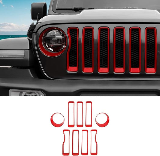 Grill Insert+Headlight Turn Light Cover Fit for 2018-2023 Jeep Wrangler JL JLU Sport/Sports Only,Not for Sahara,Rubicon 4xe(Red)
