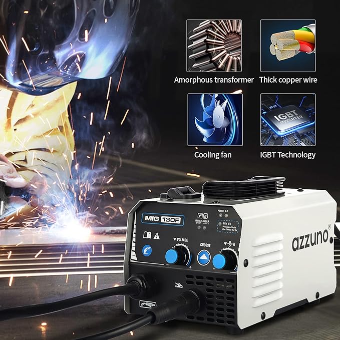 AZZUNO MIG Welder,Flux Core Welder Machine 110V 130Amp, Gasless MIG Welding Machine IGBT Inverter Welder Portable Wire Feed Welder (110V)
