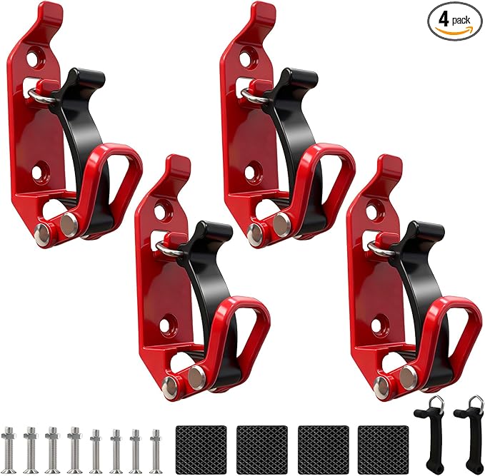 4Pcs Red Car Accessories - Metal Rubber Clamp Wall Mounting Brackets, Quick Release Axe Holder & Shovel Mount for Roof Rack, Truck, Boat, Military Equipment & Tools, Fits 0.67–1.57" Tools