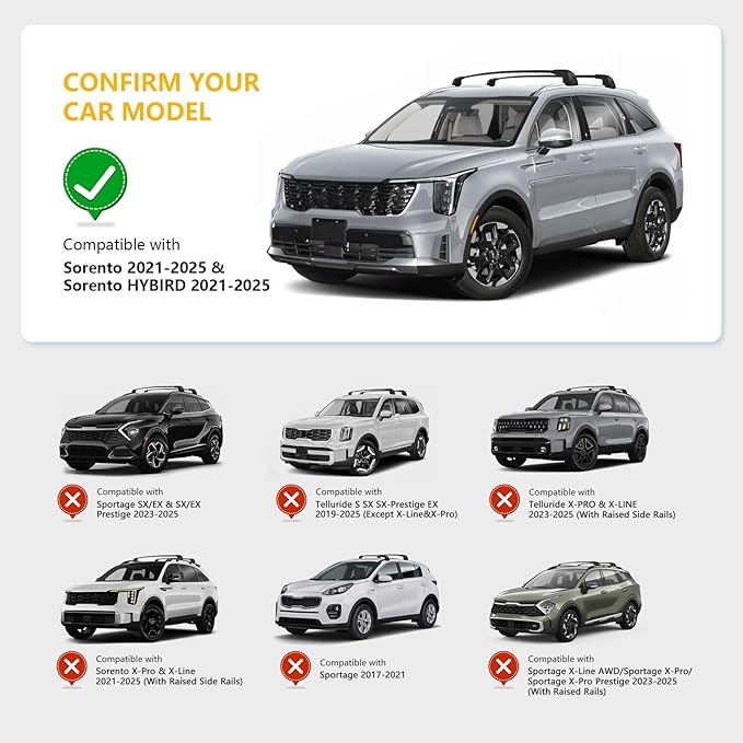 Roof Rack Cross Bars Compatible with Kia Sorento 2021-2026 & Sorento HYBIRD 2021-2026, Adjustable Aluminum Heavy Duty 300 LBS Anti-Theft Lock Cargo Carrier Rooftop Crossbar for Bike,Snowboard,Luggage