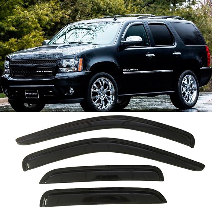 94514 Side Window Visor Wind Vent Deflector fit for 2007-2014 Chevy Tahoe/GMC Yukon,4pcs Outside Mount Style Tap-On Sun Rain Guards Set,Dark Smoke Window Shade