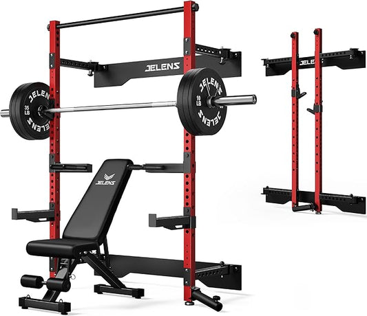 Folding Squat Rack, Wall Mounted Power Rack for Home Gym, Space Saving Multi-Functional Power Cage with Attachments