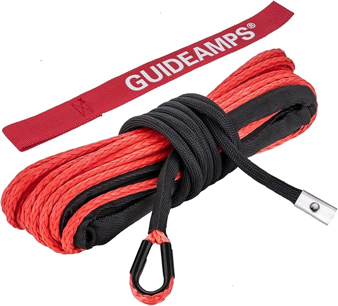 Synthetic Winch Rope 1/4" x 50 ft, 10,000 lbs Pulling Strength, with Protective Sleeve, Safety Pull Strap for ATV, UTV, and Offroad Vehicles (Red, 1/4" x 50 ft)