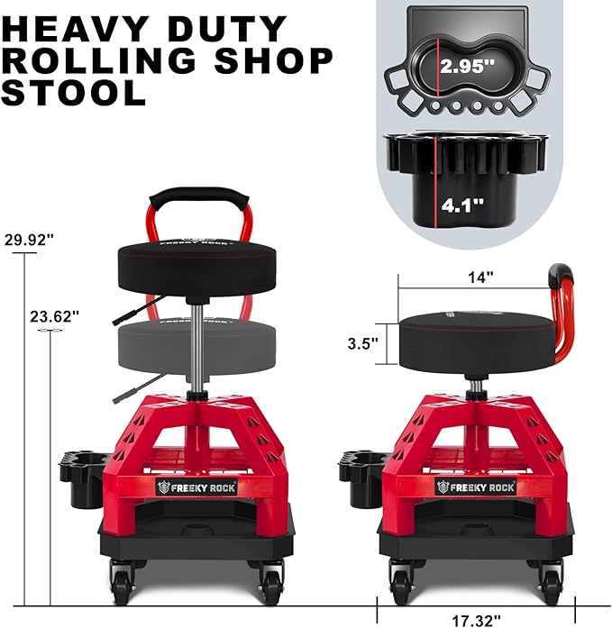 Rolling Shop Stool with Wheels, Heavy Duty Garage Work Mechanic Stool with Backrest, Adjustable Height 360°Swivel Rolling Chair with Tool Tray Storage, 330 LBS Capacity, Red